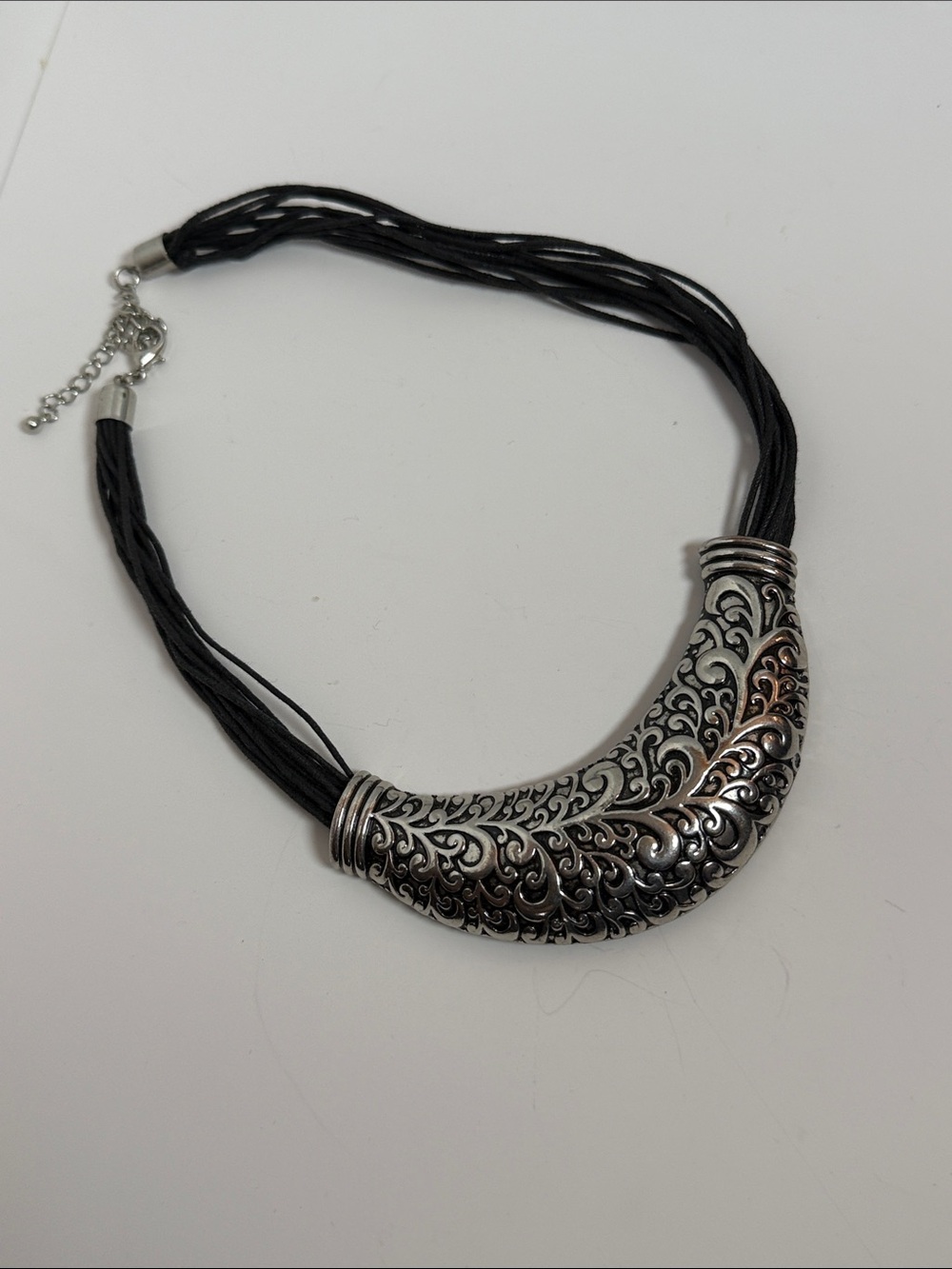 Vintage Statement Black and Silver Filigree Bib Necklace